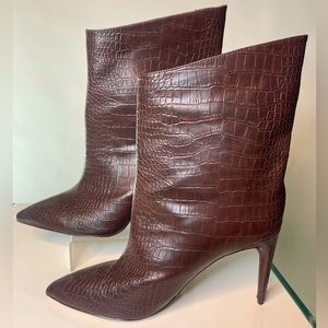 NEVER WORN Faux Leather Mid Calf Chocolate Brown High Heel Boots